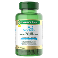 Nature's Bounty frasco frontal mostrando Magtein y cantidad, ventaja: confianza en la composición