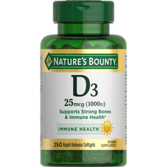 Nature's Bounty frasco frontal de Vitamina D3 250 cápsulas mostrando la presentación