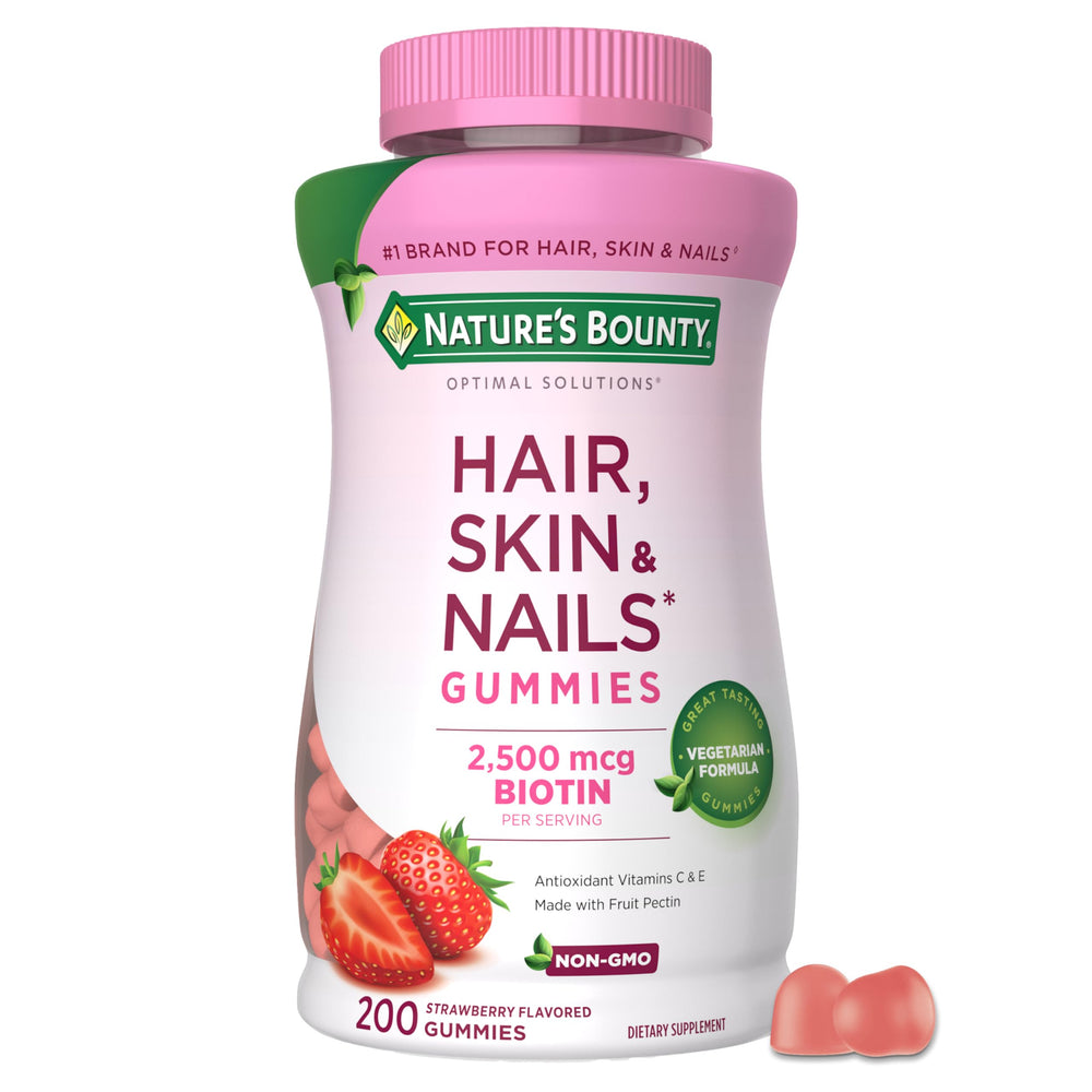 Nature's Bounty frasco frontal mostrando gominolas y beneficio belleza