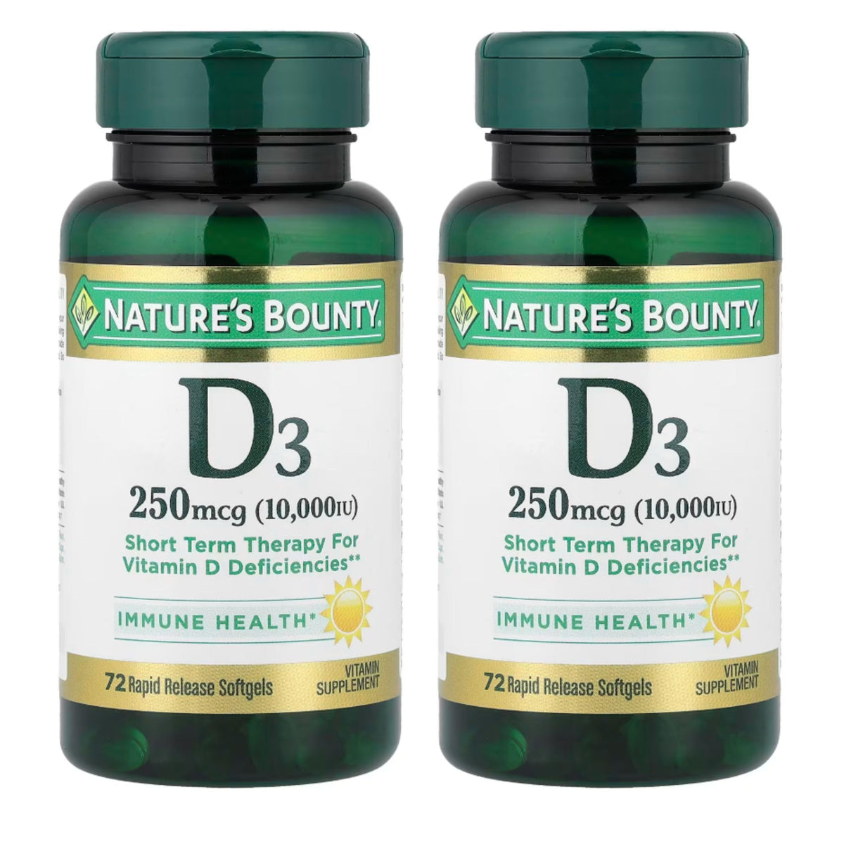 Nature's Bounty frasco frontal mostrando pack doble y beneficio de continuidad