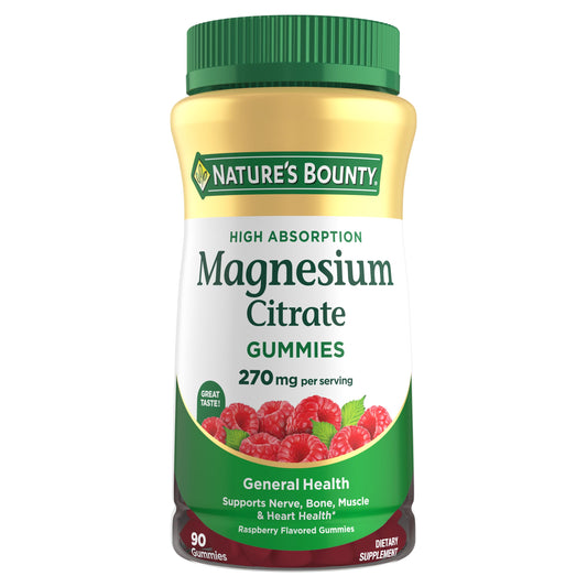 Nature's Bounty frasco frontal mostrando 90 gomitas y beneficios claros