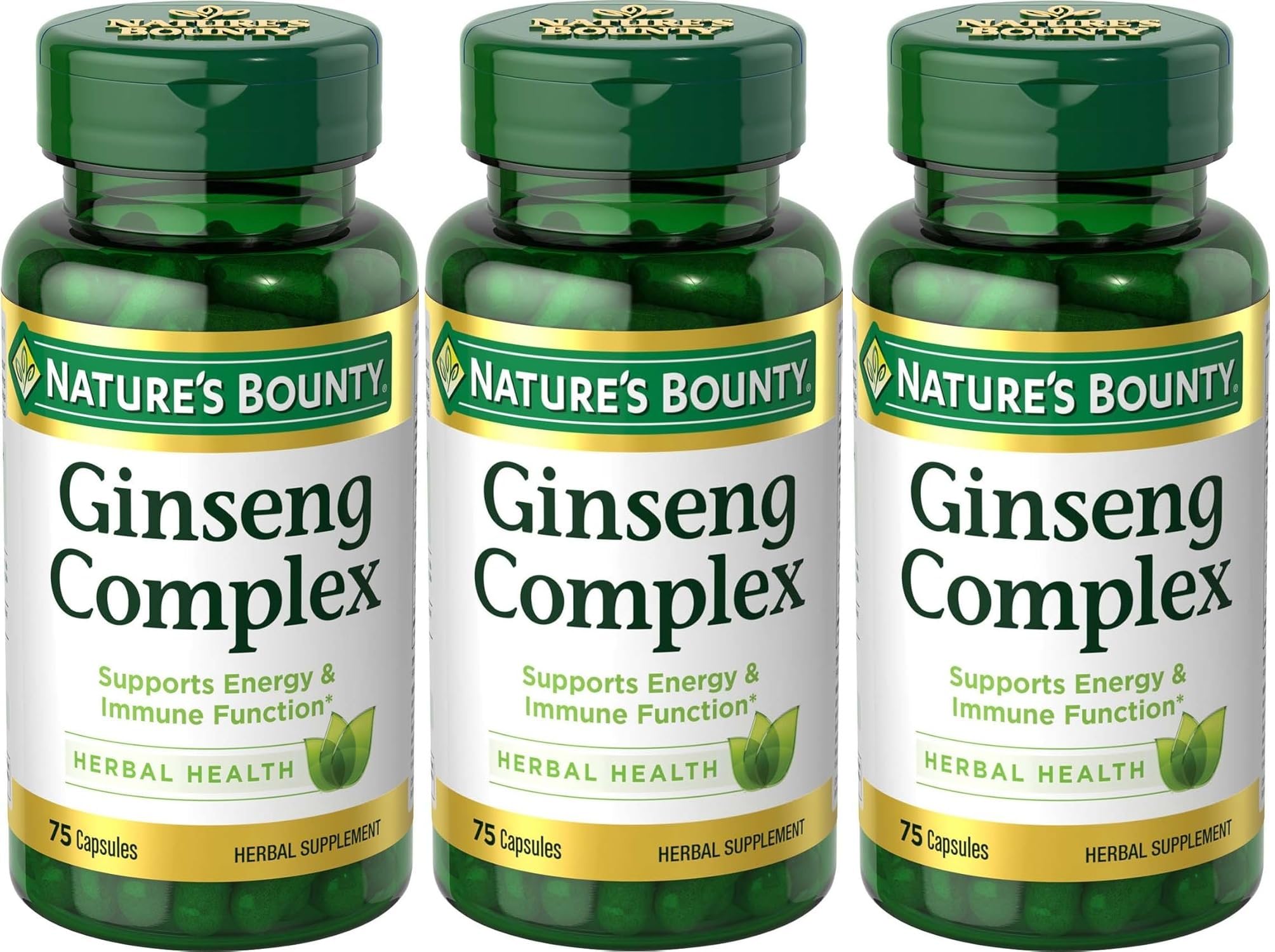 Nature's Bounty frasco frontal mostrando 75 cápsulas y beneficios de vitalidad