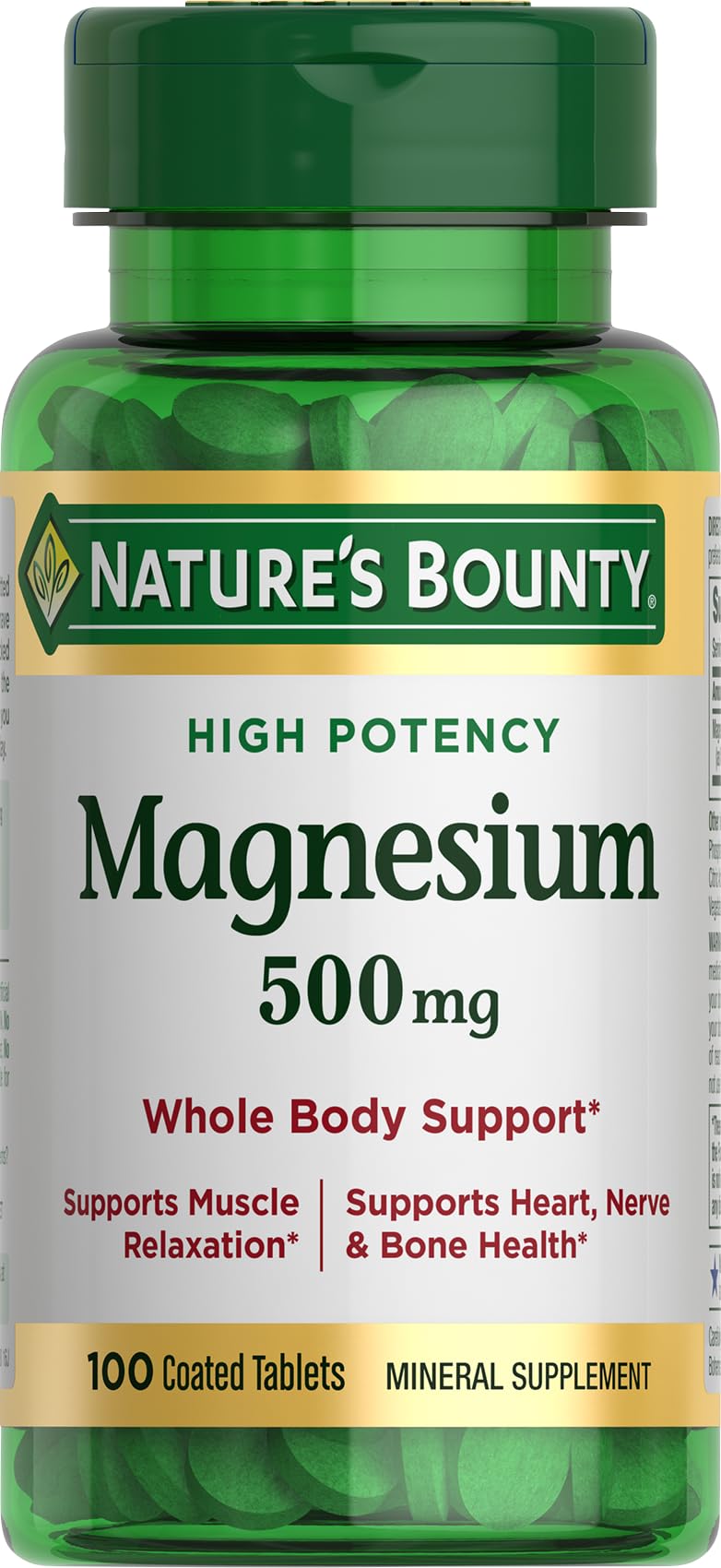 Nature's Bounty frente del envase mostrando magnesio 500 mg, fácil identificación