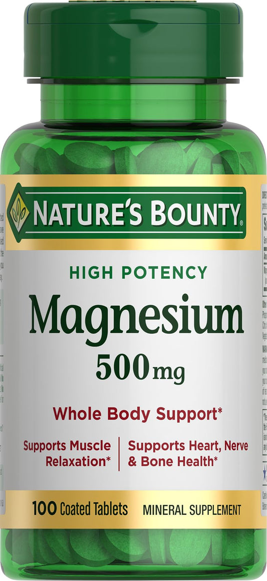 Nature's Bounty frente del envase mostrando magnesio 500 mg, fácil identificación