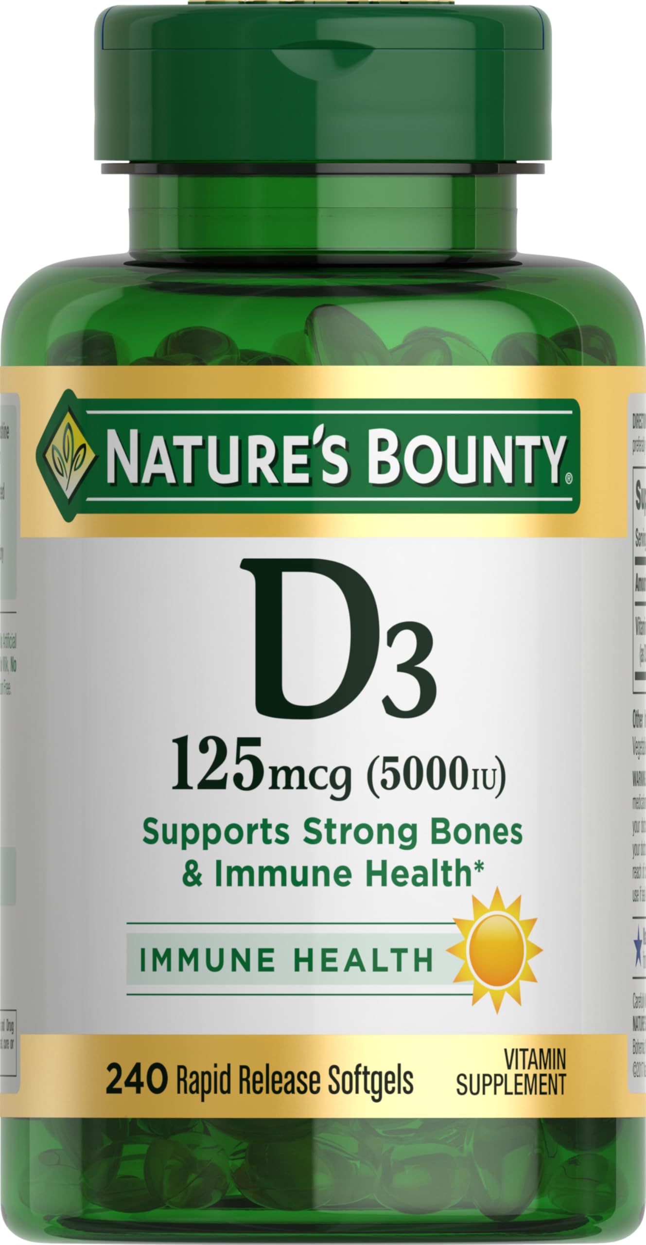 Nature's Bounty frente del envase que muestra dosis y cantidad, confianza y claridad