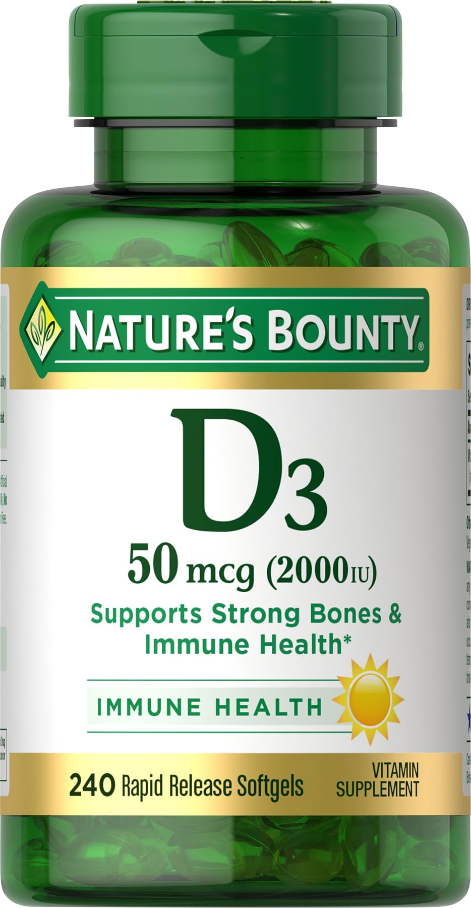 Nature's Bounty frente del envase mostrando la marca y beneficio óseo