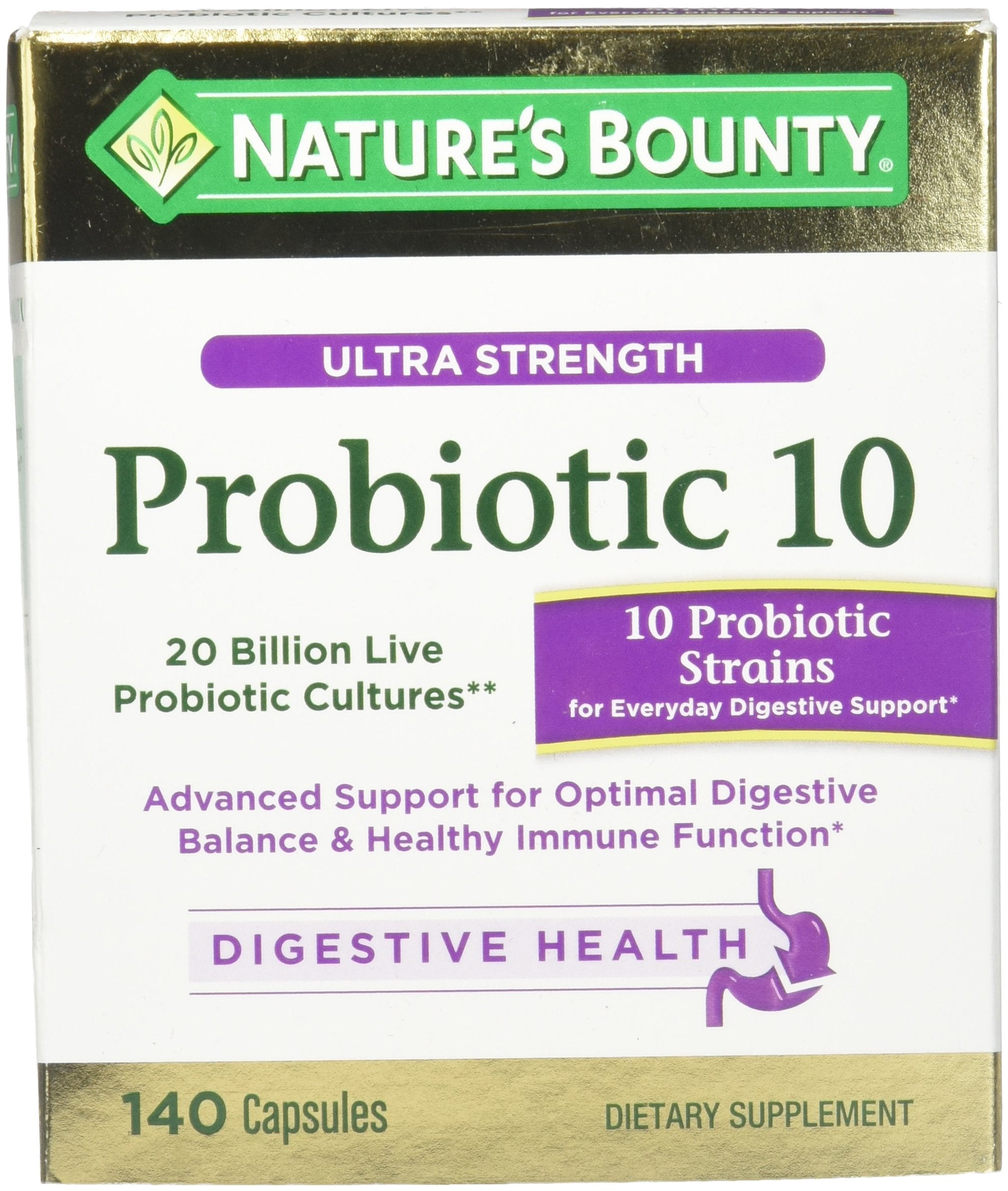 Nature's Bounty frente del paquete mostrando 140 cápsulas y beneficios