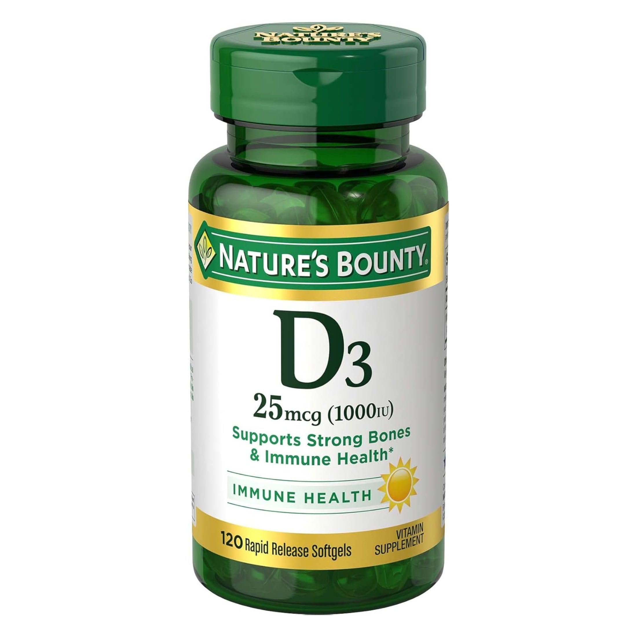 Nature's Bounty botella frontal mostrando diseño y beneficio claro