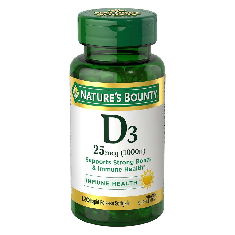 Nature's Bounty botella frontal mostrando diseño y beneficio claro