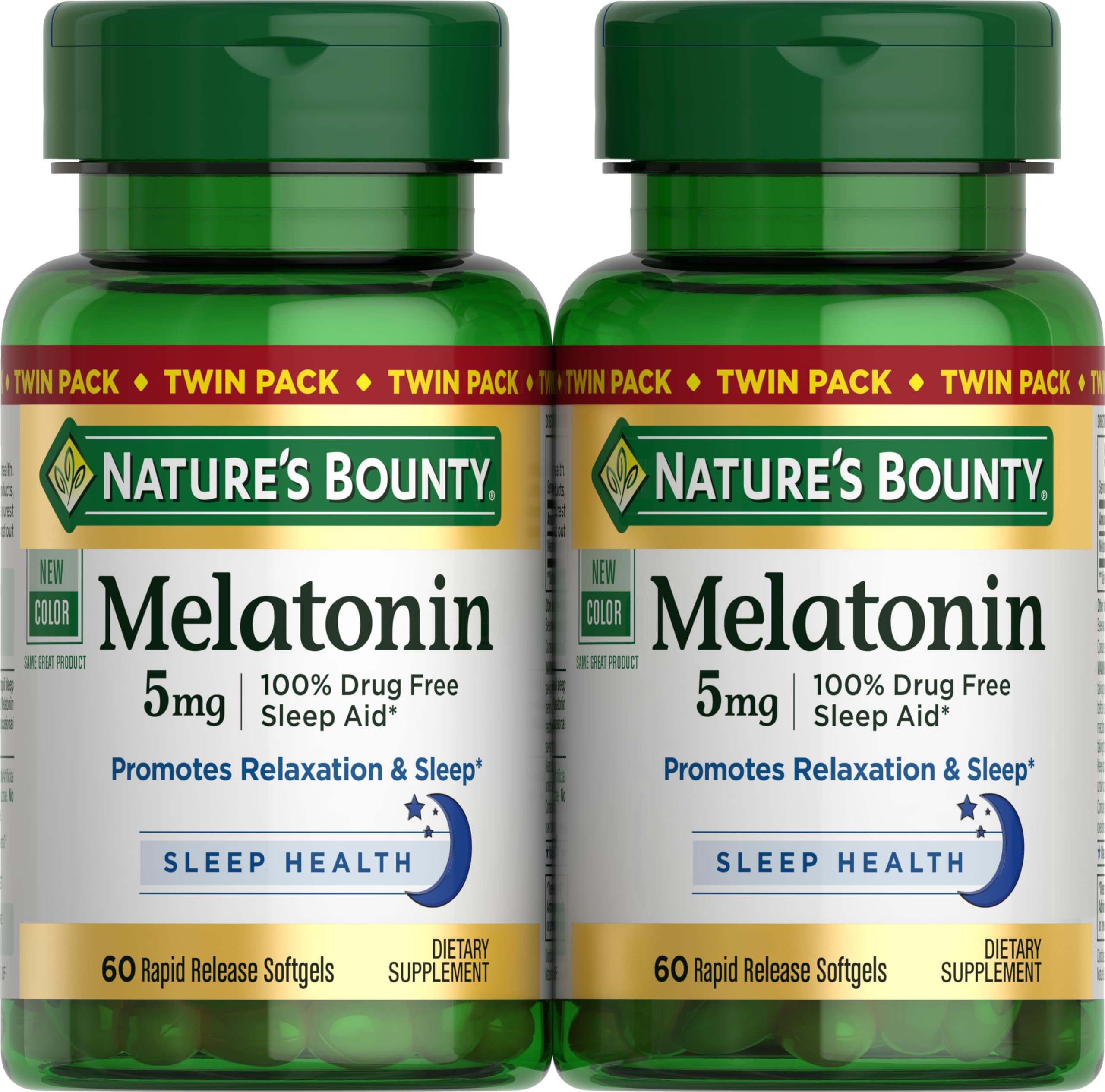 Nature's Bounty frasco frontal mostrando melatonina 5 mg y beneficio descanso
