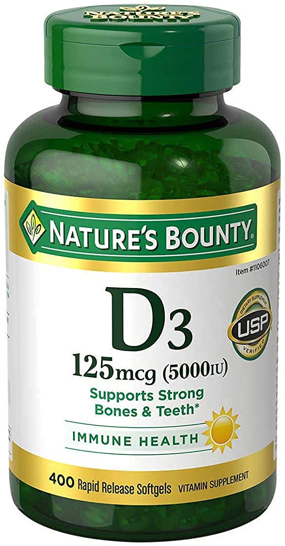 Nature's Bounty envase frontal de vitamina D3 5000 IU con información clara