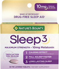 Nature's Bounty envase frontal mostrando 30 tabletas y beneficios para el sueño