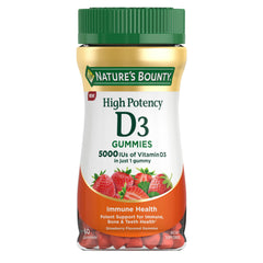 Nature's Bounty envase frontal de gomitas vitamina D fresa, fácil identificación y confianza