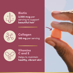 Nature's Bounty imagen de los ingredientes clave: colágeno, biotina y vitaminas C y E