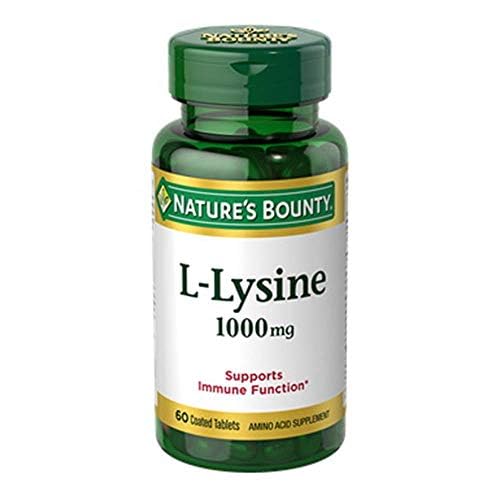 Nature's Bounty L-Lysine 1000mg bottle supports protein synthesis and skin health.