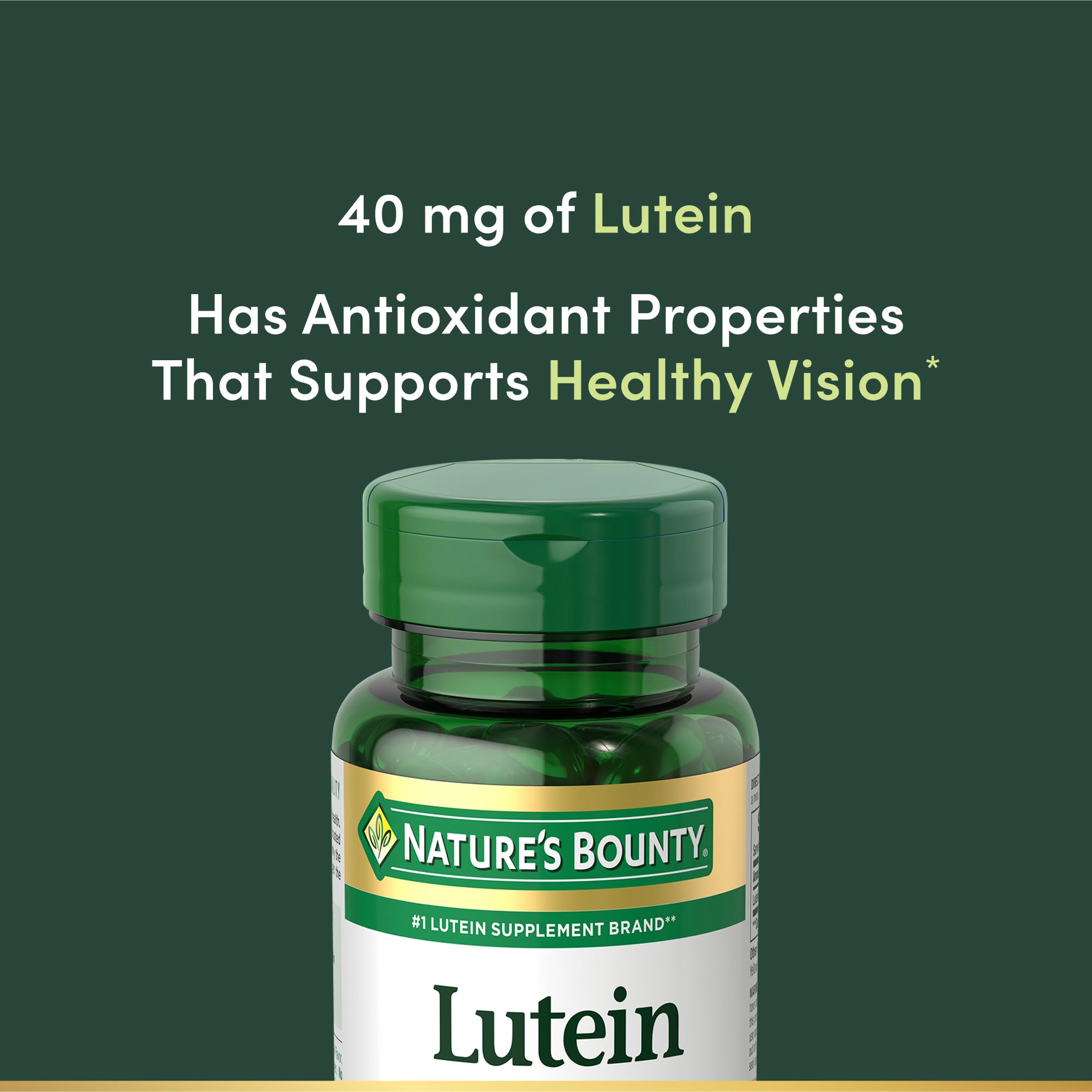 Bote abierto con softgels Nature's Bounty Lutein visible y presentación lista para uso diario