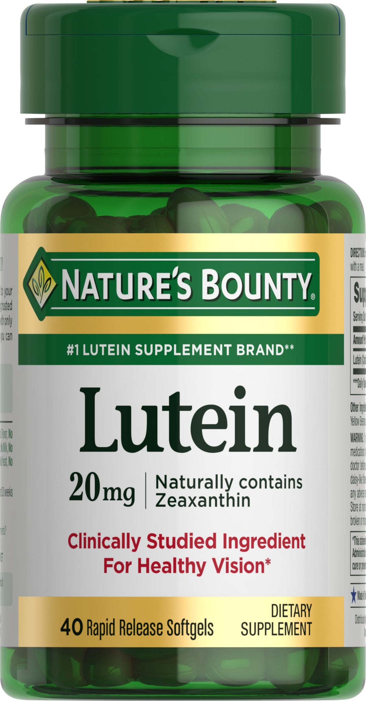 Nature's Bounty frasco frontal que muestra luteína 20 mg y beneficio ocular