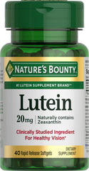 Nature's Bounty frasco frontal que muestra luteína 20 mg y beneficio ocular