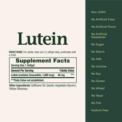 Gota de aceite y softgel Nature's Bounty Lutein mostrando la composición liposoluble para mejor absorción