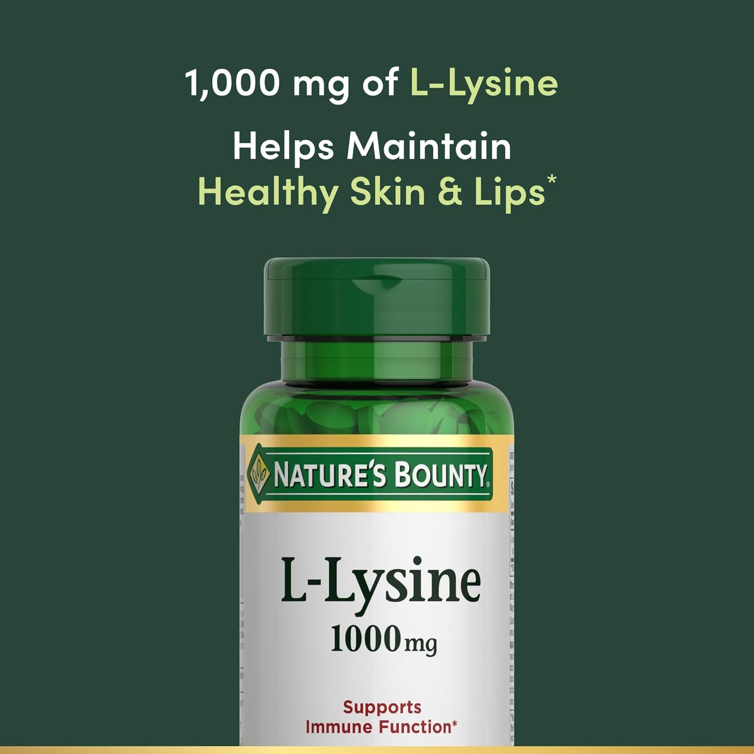 Nature's Bounty primer plano de tableta de L-Lysine mostrando textura y tamaño