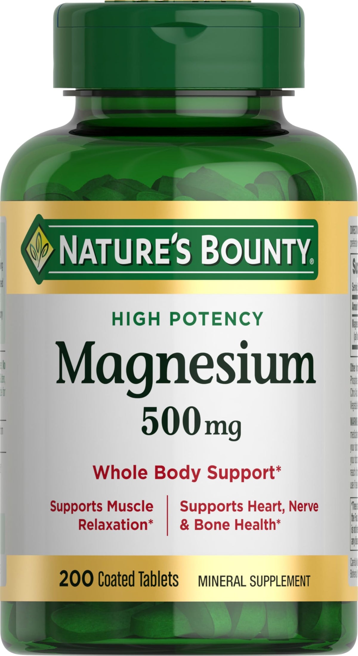 Nature's Bounty envase frontal del magnesio 500 mg, presentación clara y práctica