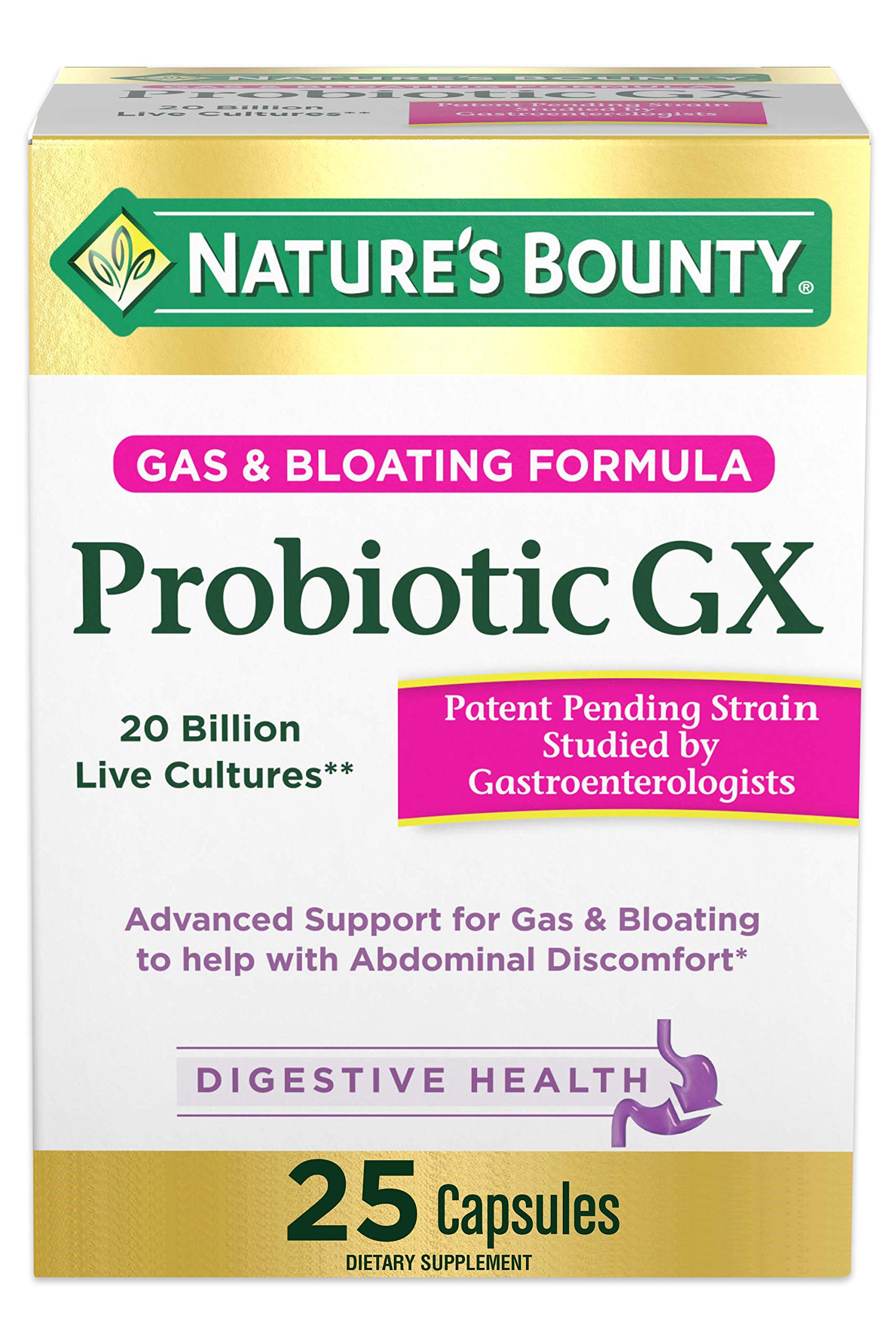 Nature's Bounty bote frontal mostrando cápsulas y beneficio digestivo