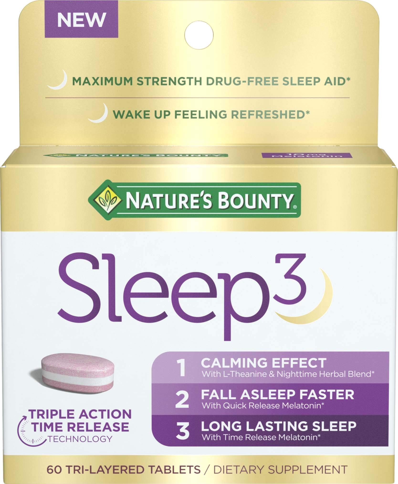 Nature's Bounty envase frontal mostrando tabletas y beneficios de sueño