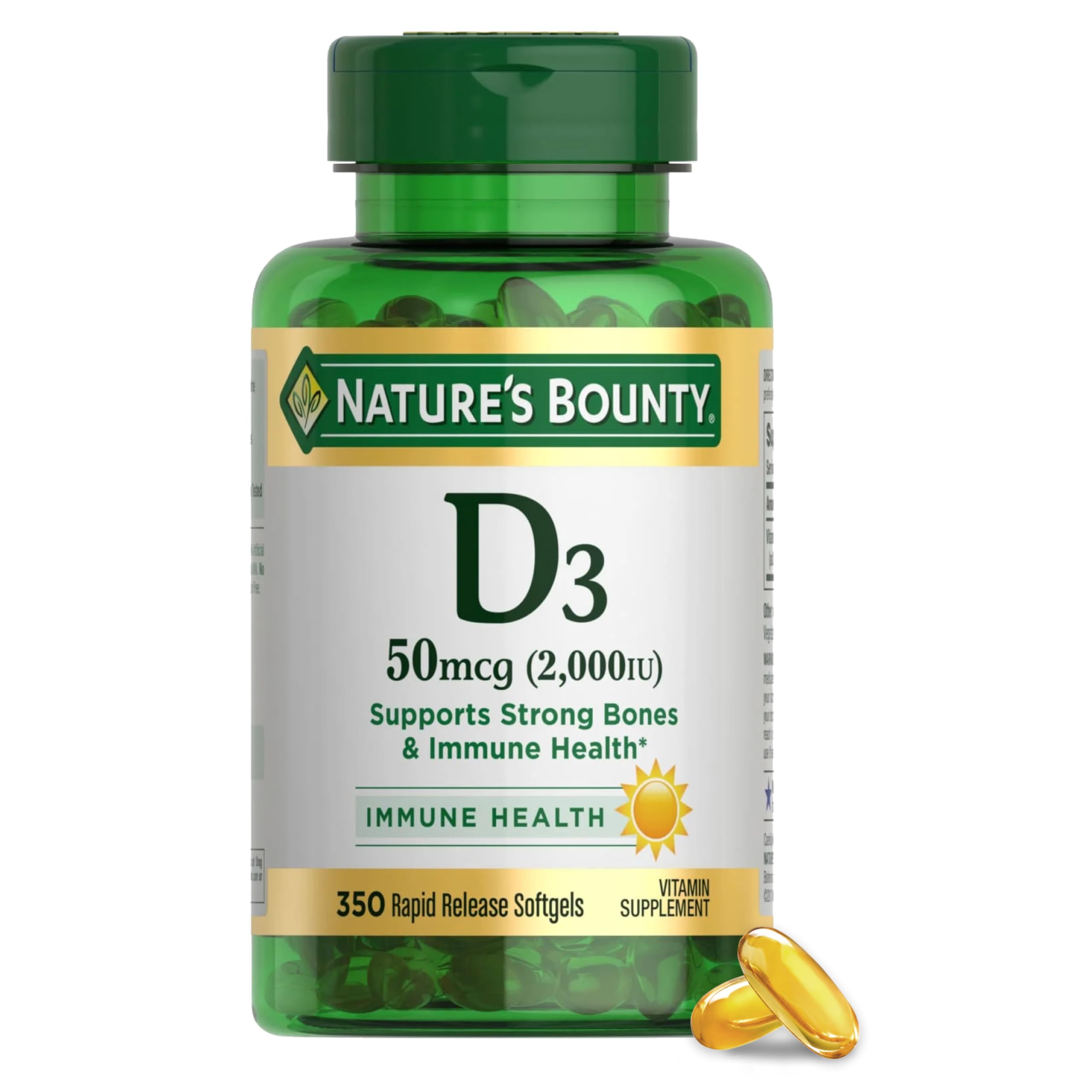 Nature's Bounty frasco frontal que muestra D3 2000 IU y beneficios diarios