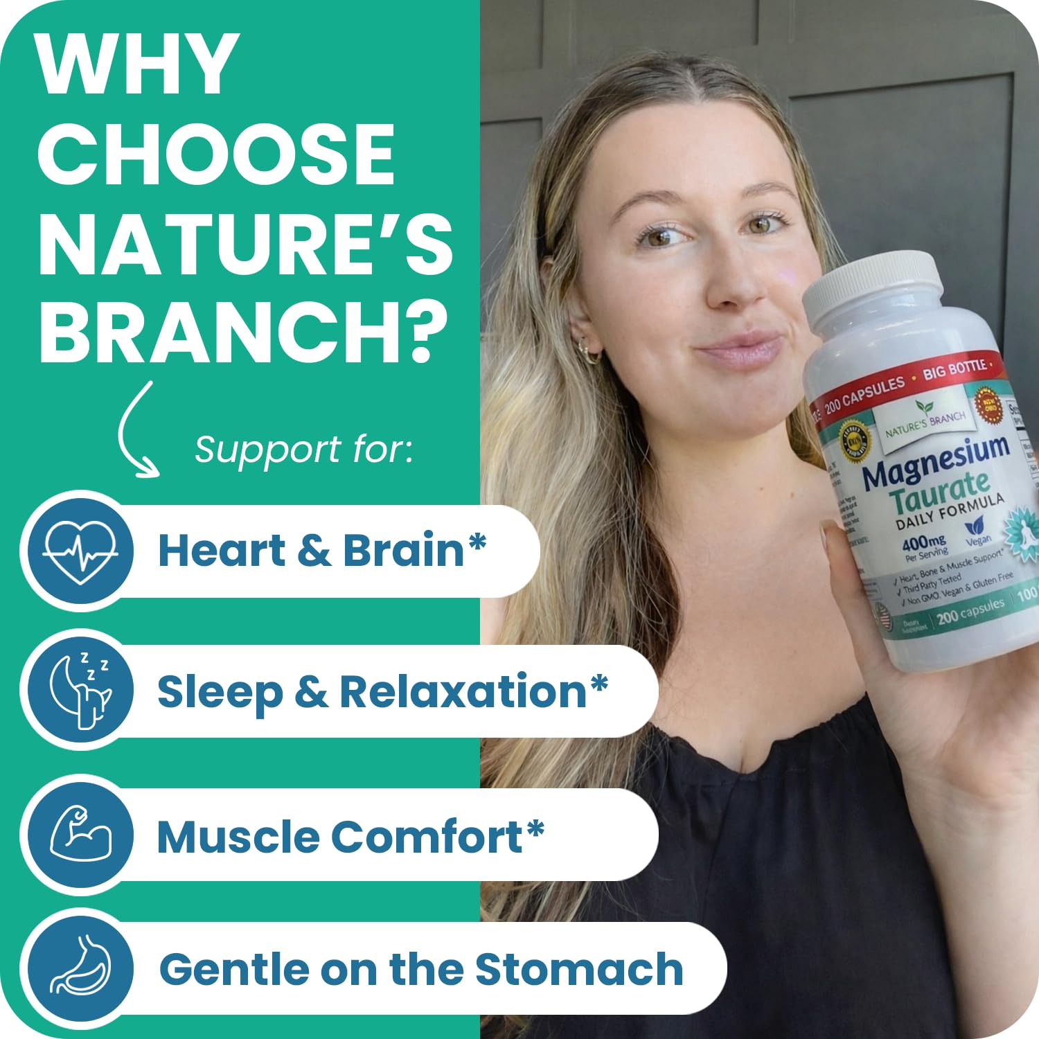 NATURE'S BRANCH cápsulas en mano para comparar tamaño y facilidad