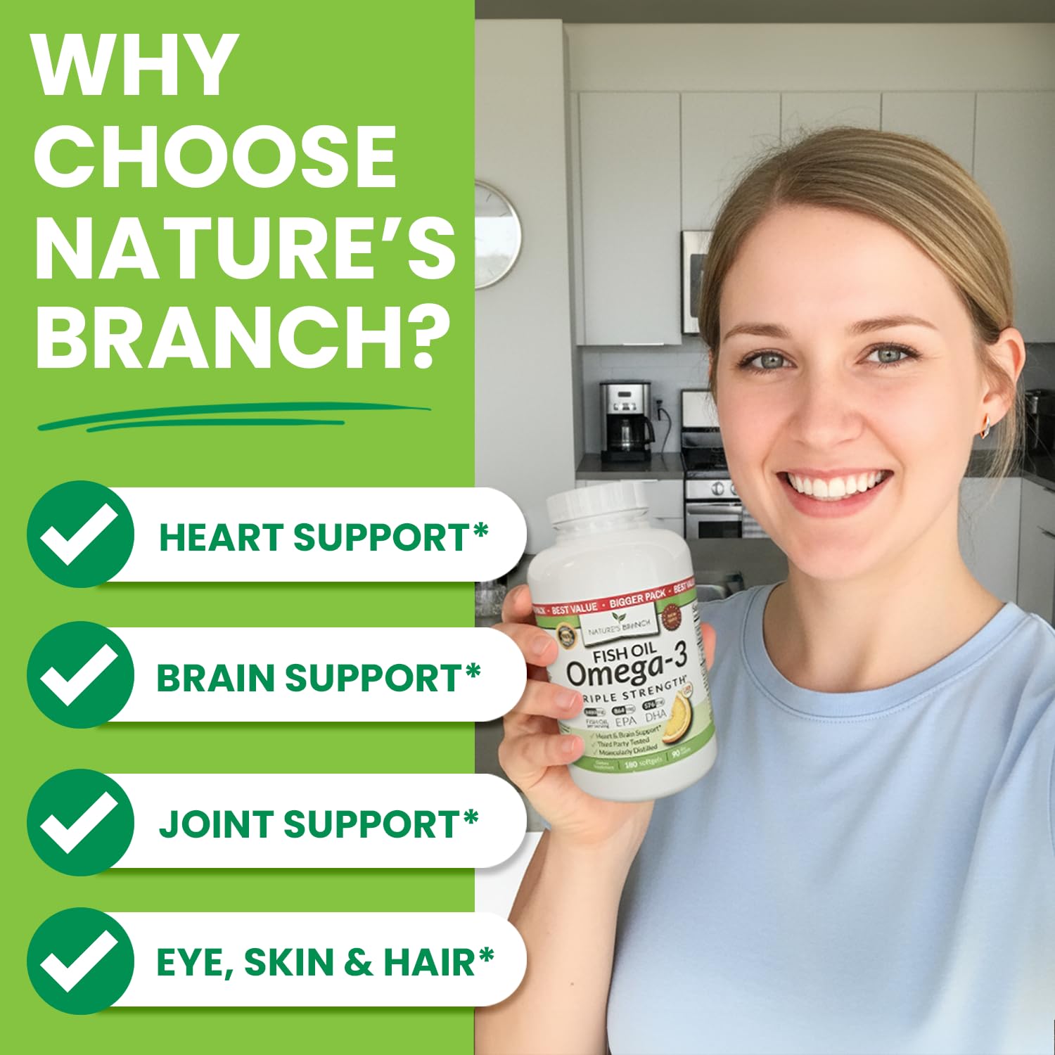 NATURE'S BRANCH etiqueta con datos nutricionales indicando EPA y DHA altos