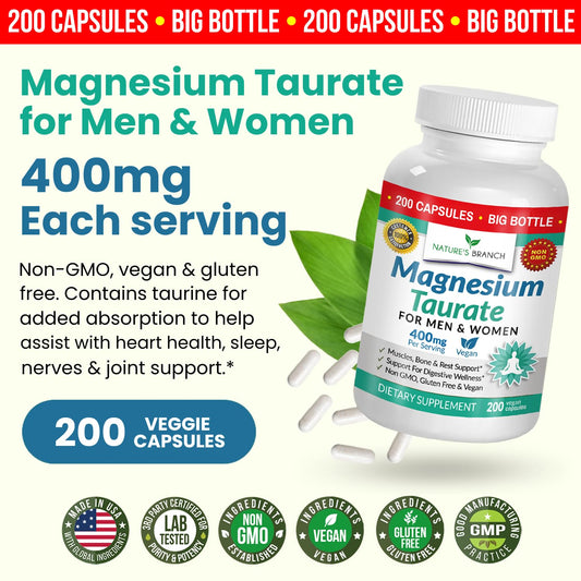 Nature's Branch Magnesium Taurate 400mg bottle front view for everyday use.