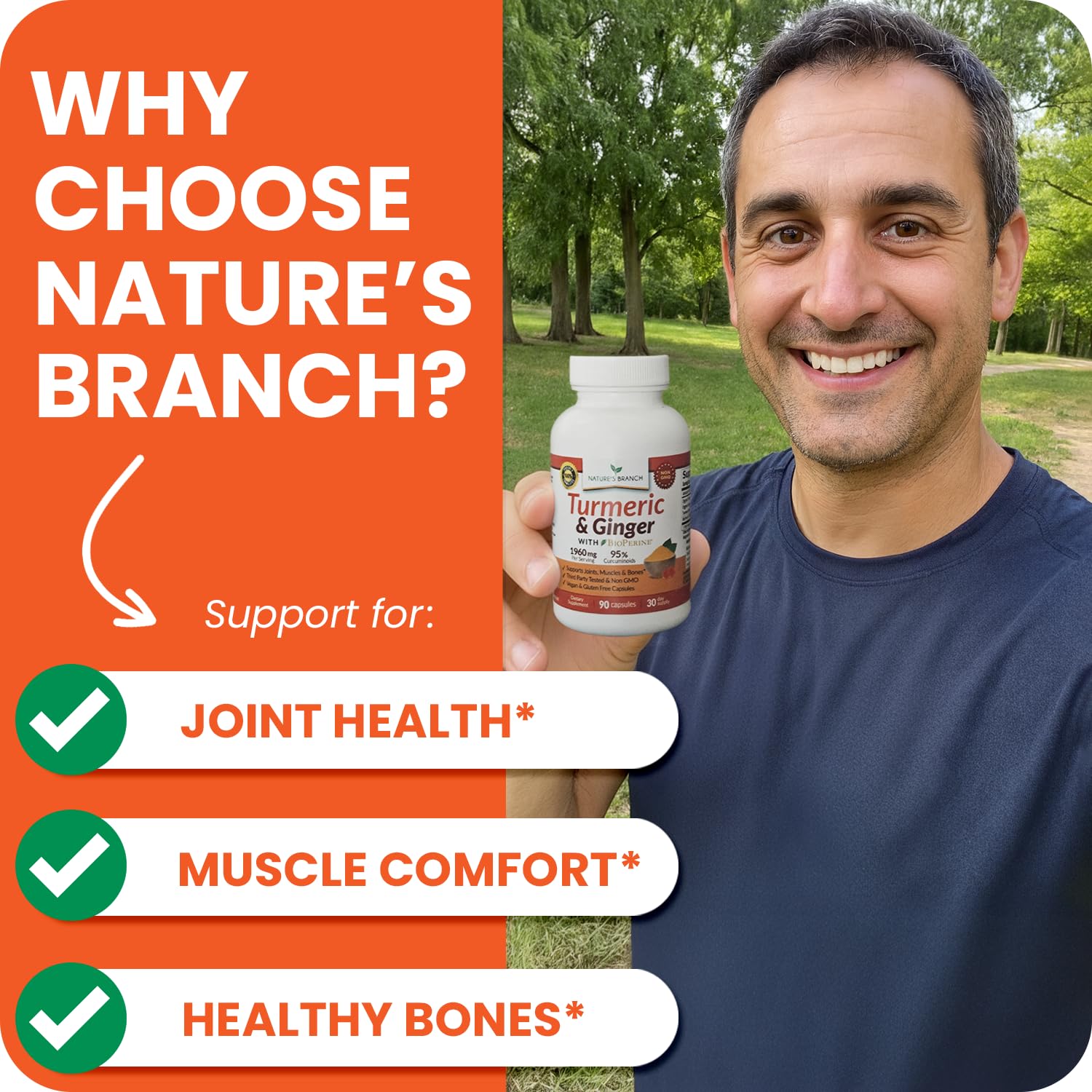 NATURE'S BRANCH cápsulas en mano para comparar tamaño y dosificación