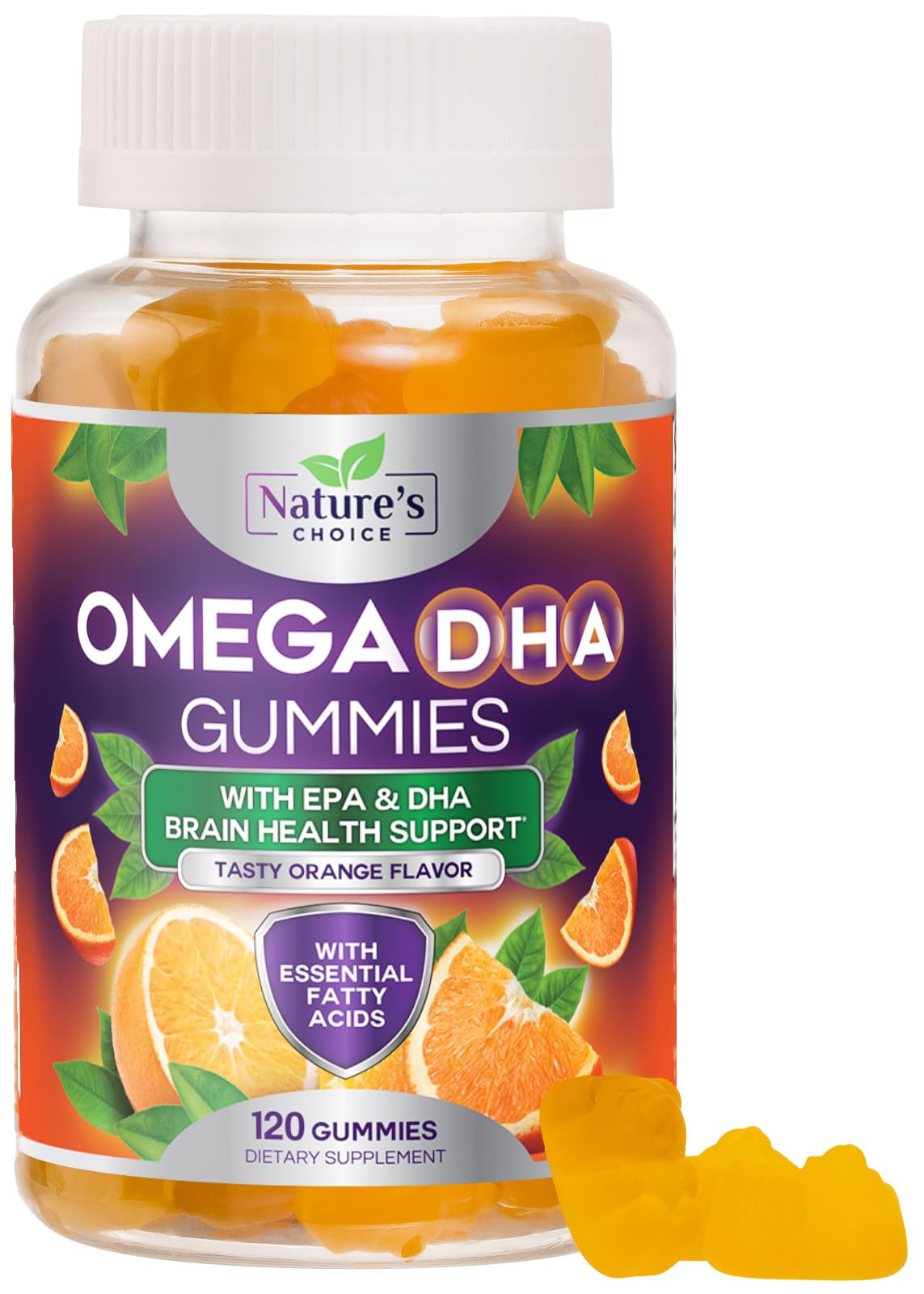 Nature's Choice frasco frontal de gominolas omega‑3 muestra el envase claro y cantidad