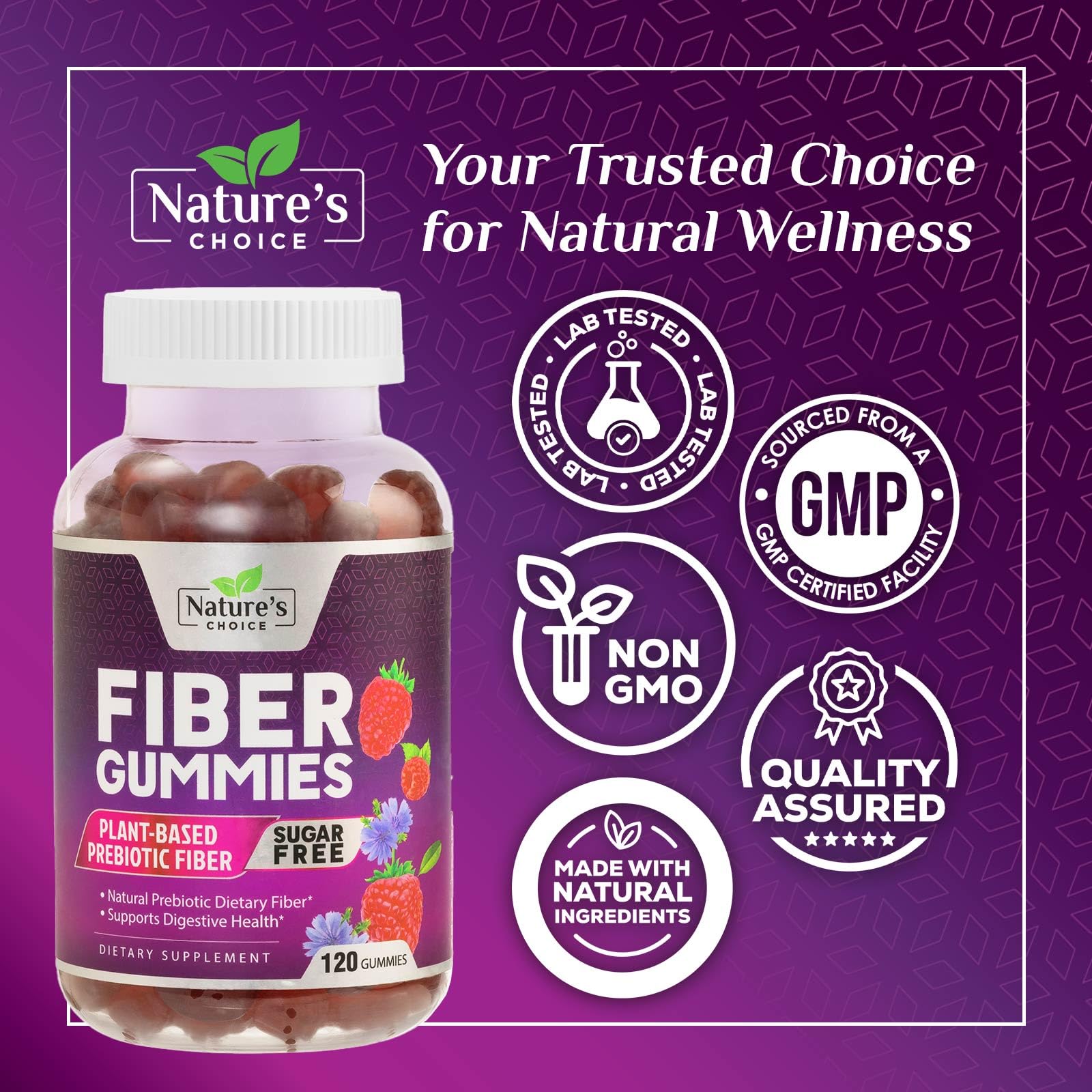 Nature's Choice frasco abierto con 120 gomitas visibles para dosis diaria práctica