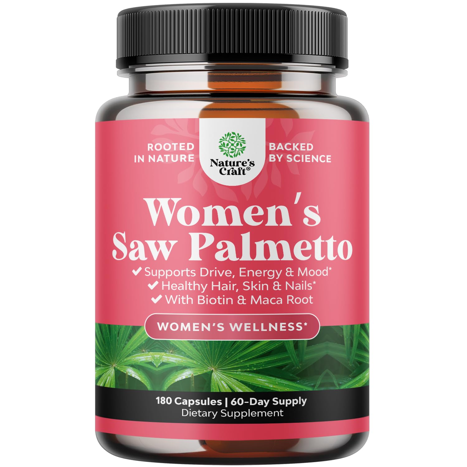 Natures Craft envase frontal mostrando saw palmetto y beneficios capilares