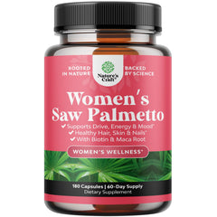 Natures Craft envase frontal mostrando saw palmetto y beneficios capilares