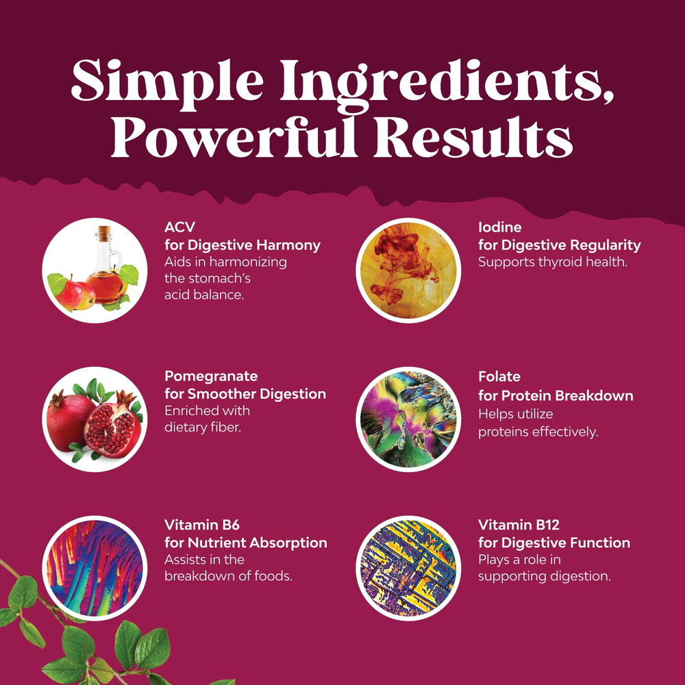 Natures Craft ingredientes clave: vinagre con mother, B12, B6 y granada beneficiosos