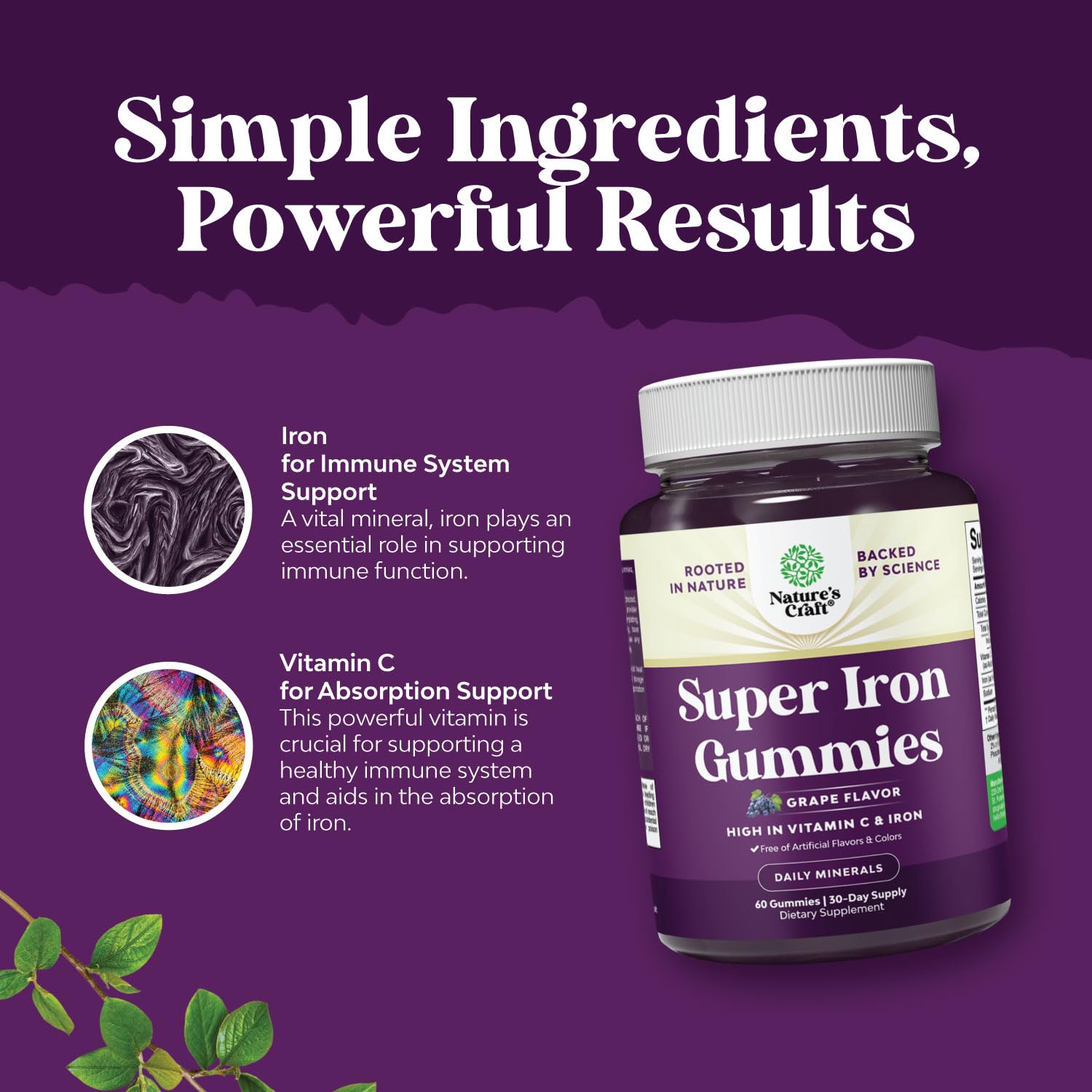 Etiqueta nutricional Natures Craft con lista de hierro y vitamina C