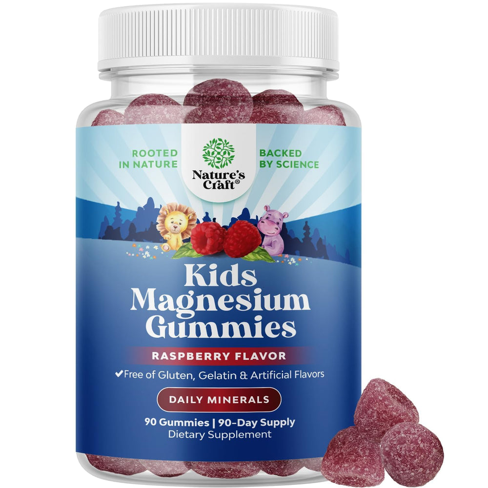 Natures Craft Kids Magnesium Gummies raspberry bottle offering calm and focus for kids