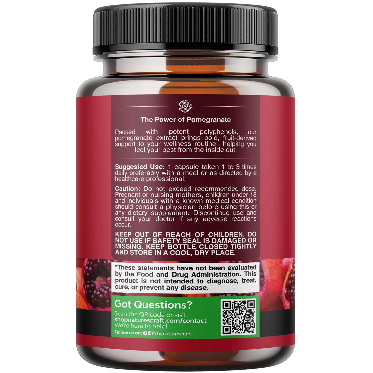 Natures Craft granadas frescas cerca del producto para resaltar origen natural