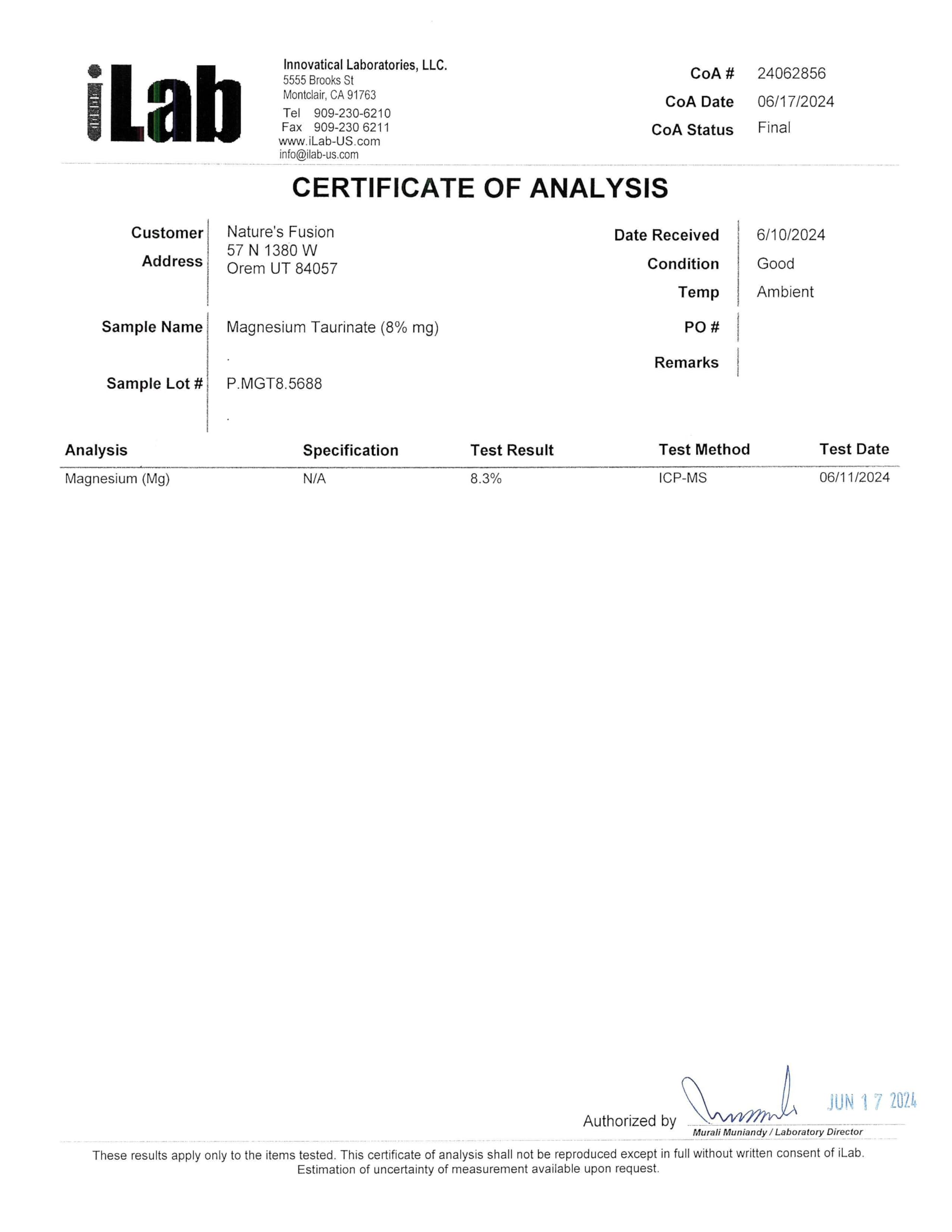 Nature's Fusions certificado de análisis de laboratorio demostrando pruebas de terceros