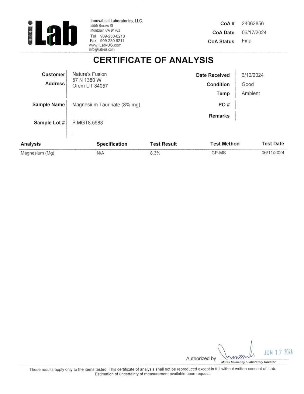 Nature's Fusions certificado de análisis de laboratorio demostrando pruebas de terceros
