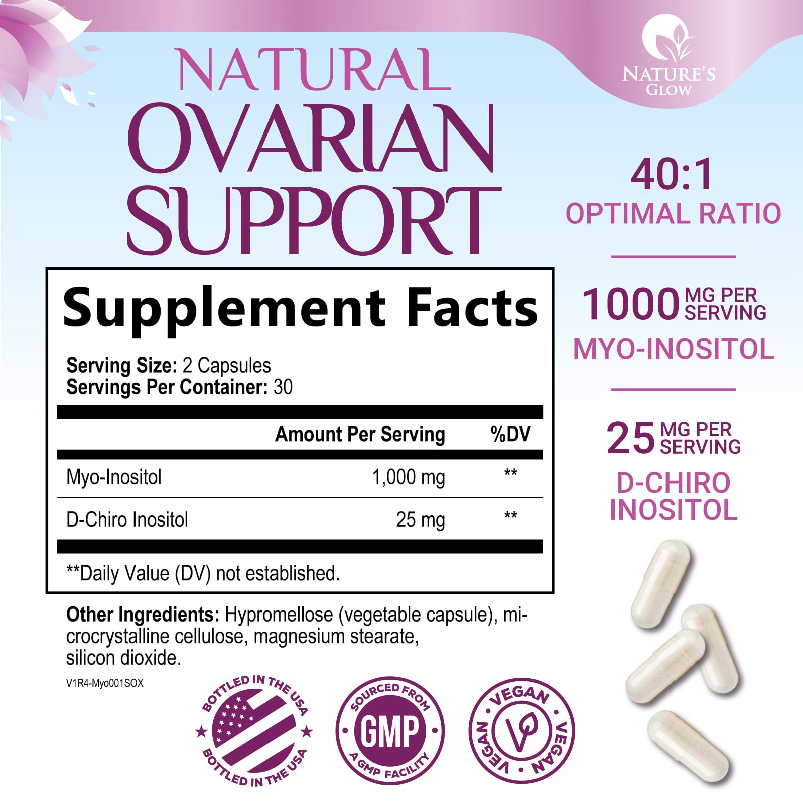 Nature's Glow cápsulas extendidas mostrando tamaño práctico y dosificación