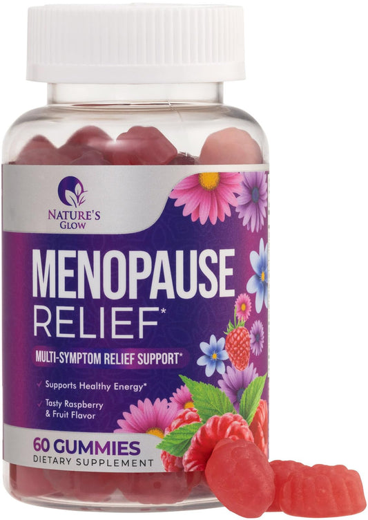 Nature's Glow frasco frontal con 60 gomitas para menopausia, fácil identificación