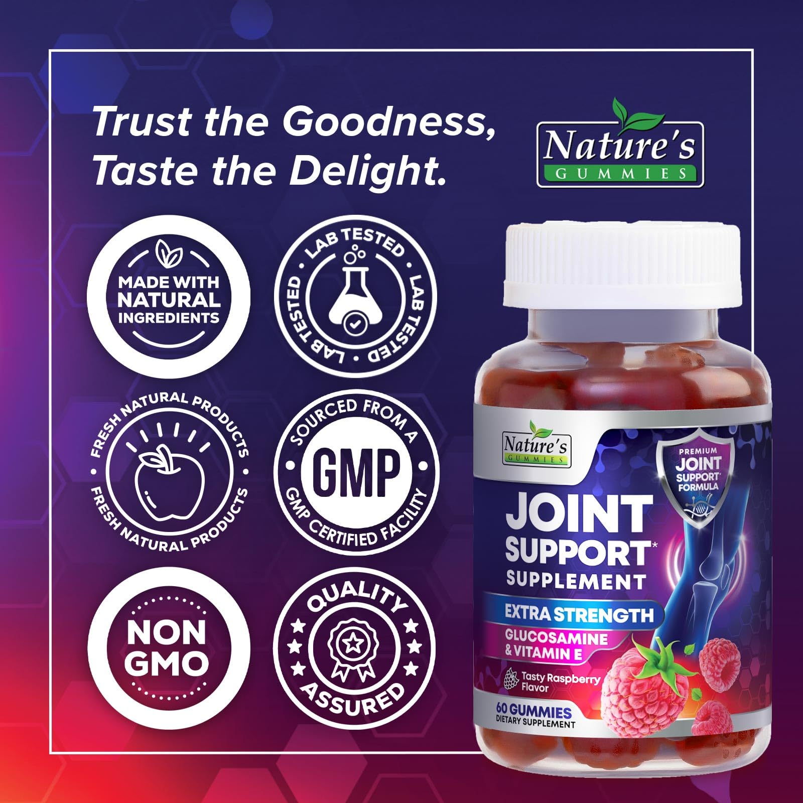 Nature's Gummies etiqueta con glucosamina extra fuerte y datos de calidad