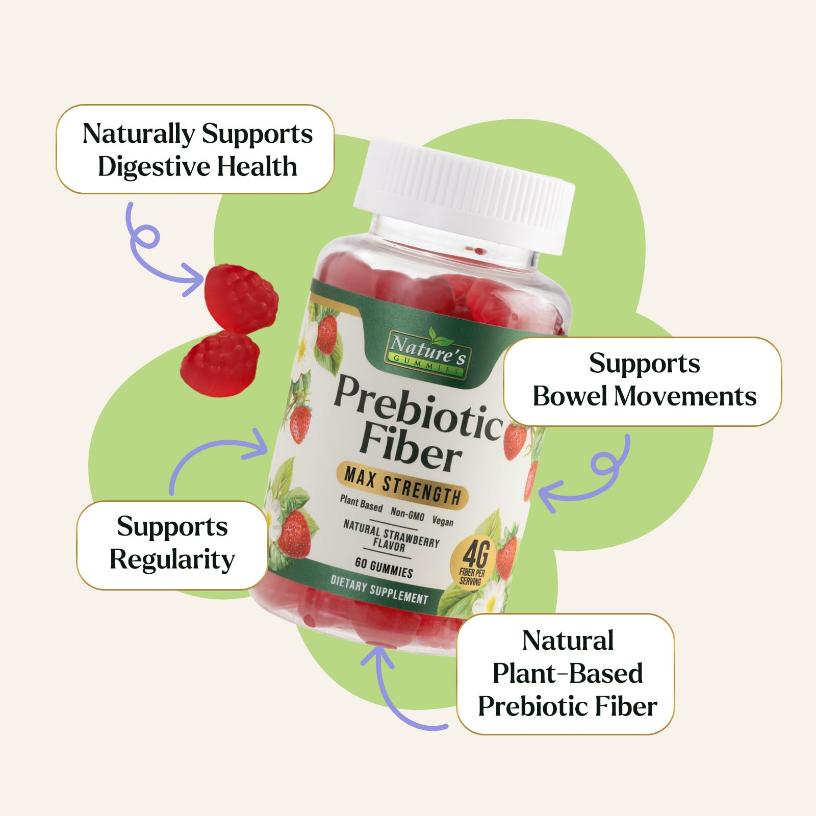 Nature's Gummies etiqueta de ingredientes enfocada en inulina y origen vegetal