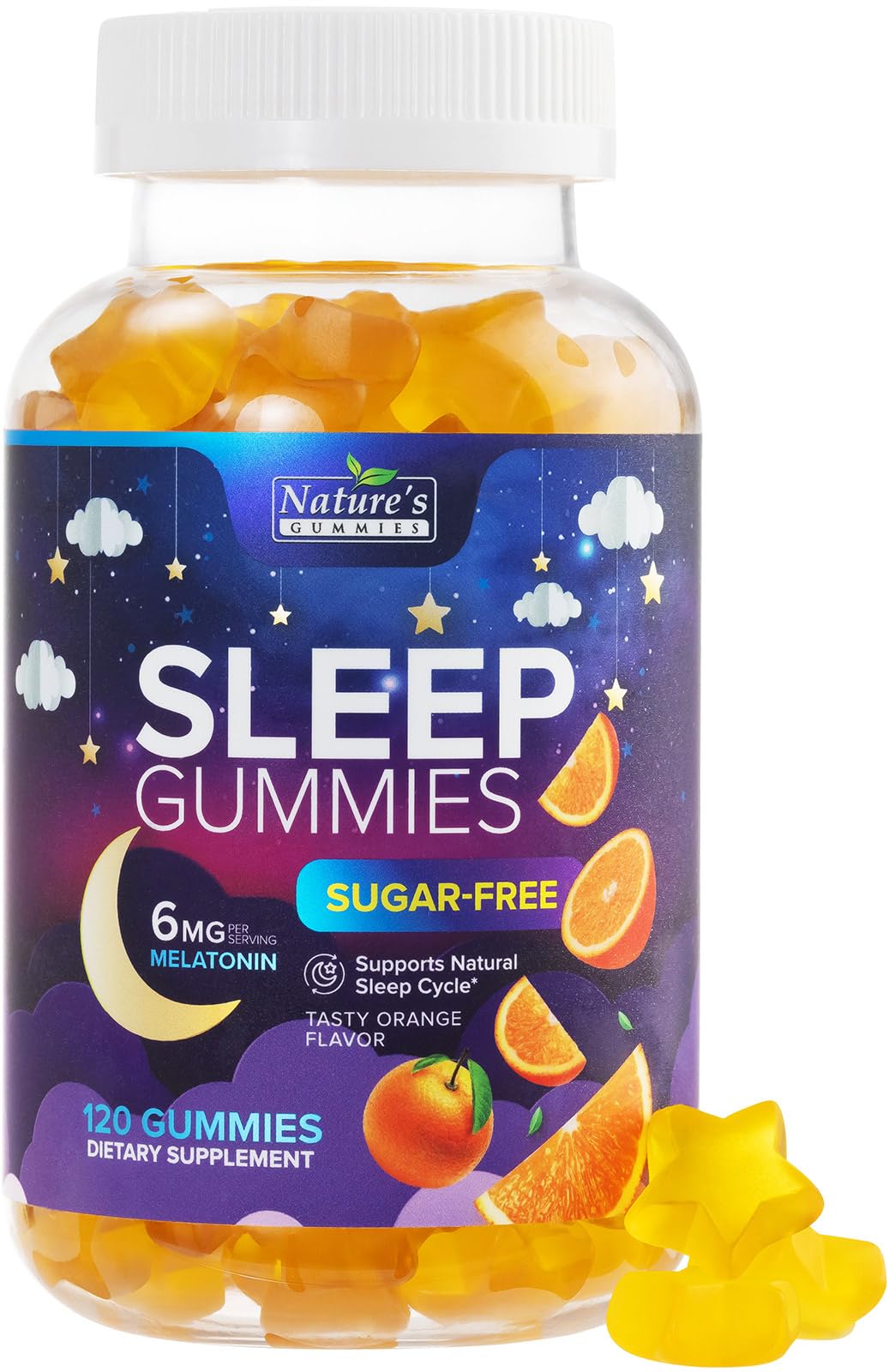 Nature's Gummies frasco frontal mostrando 120 gomitas y beneficio suministro prolongado