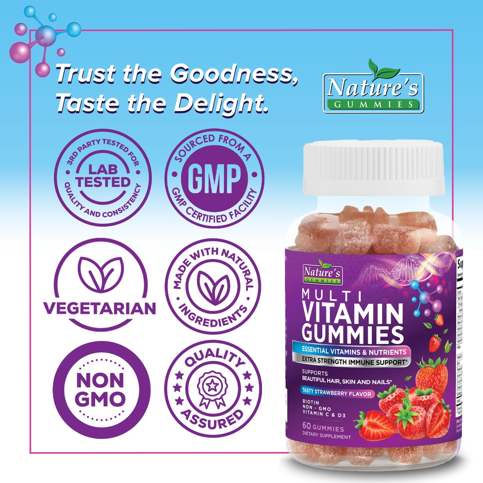Nature's Gummies gomitas en mano para demostrar facilidad de toma