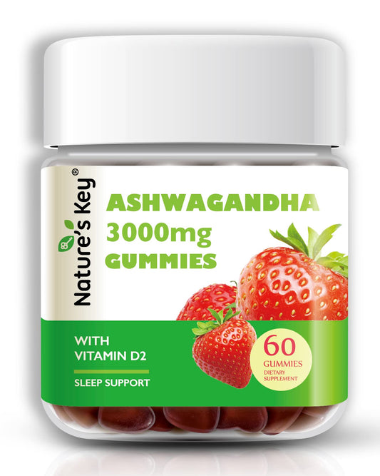 Nature's Key frente del envase de gomitas ashwagandha, muestra claridad de dosificación