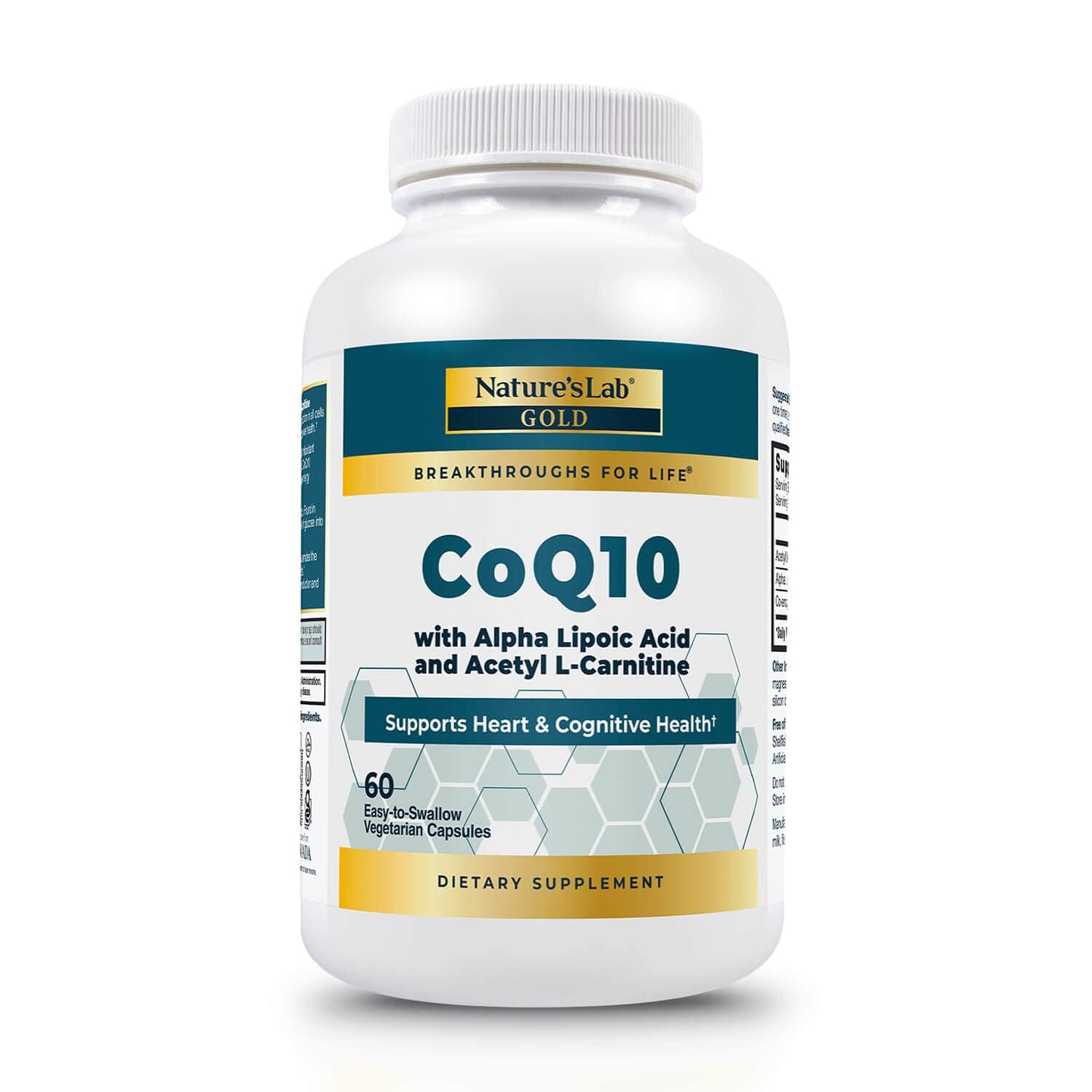 Nature's Lab envase frontal de CoQ10 200 mg mostrando etiqueta y beneficios